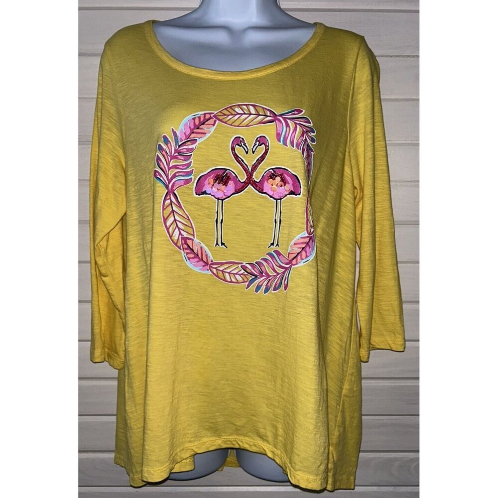 Crown & Ivy Sz MEDIUM Yellow Pink Flamingo Heart Knit 3/4 Sleeve Shirt Bling EUC
